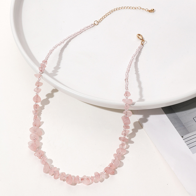 Korean version irregular pink natural stone fashionable and sweet long crystal necklace versatile