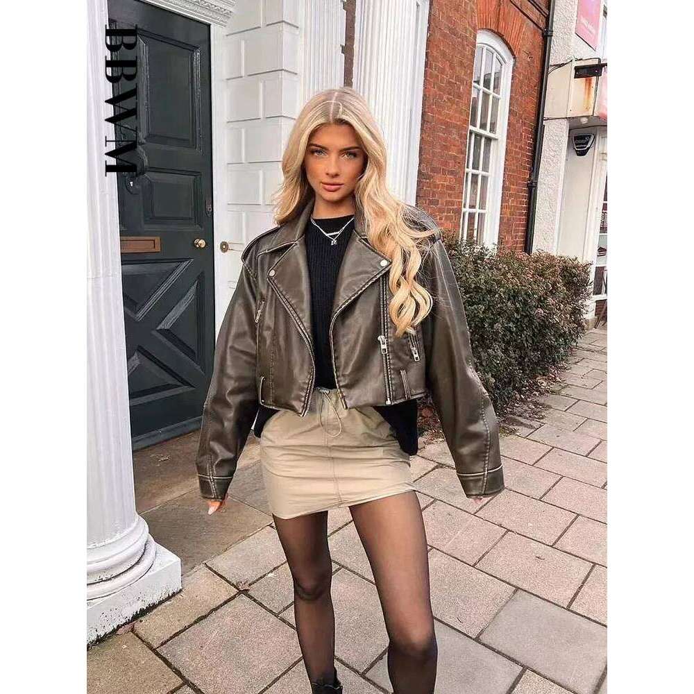 TRAF PU Retro Zipper Belt Motorcycle Street Women's Jacket 2023 Spring New Chic Short Long Sleeve Slim Fit Female Tops