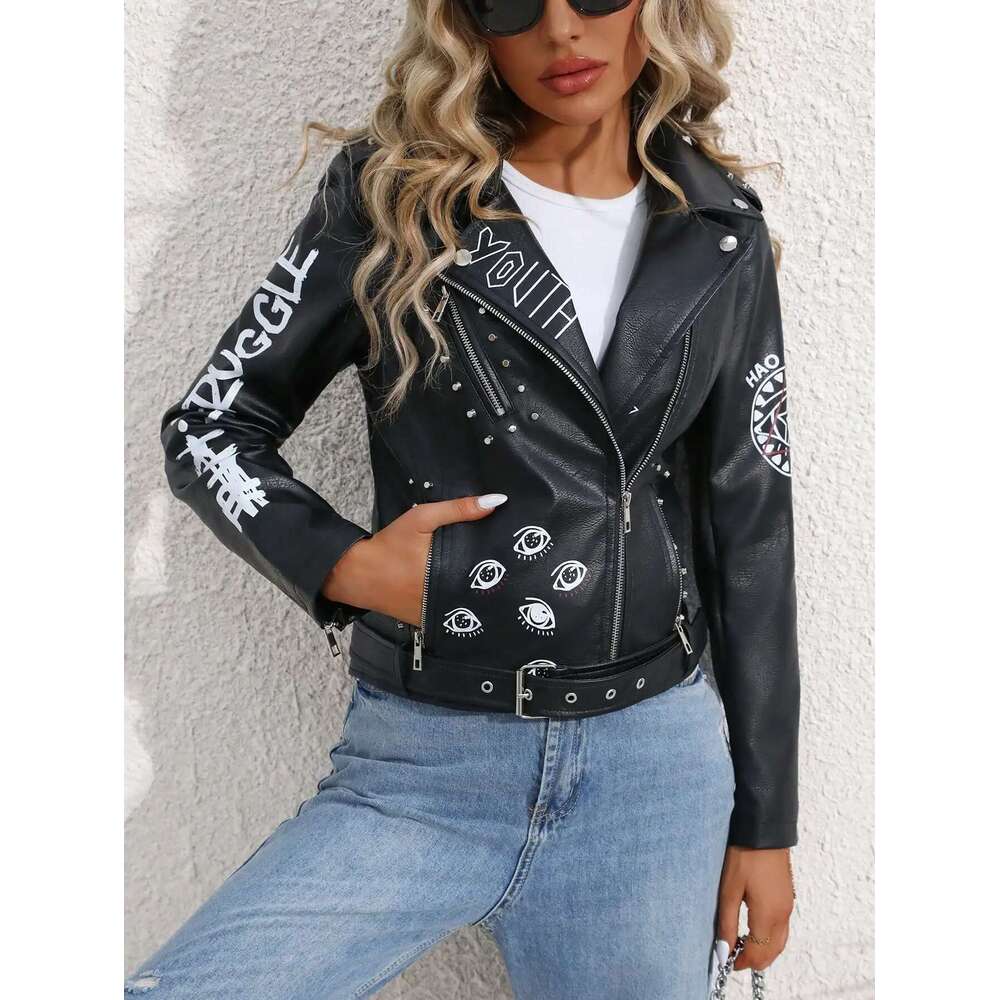 Coats Designer Women Fitaylor Women Faux PU Jacket Casual Lady Lapel Zipper Graffiti Print Leather Coat Moto Bike Rivet Outwear Designer