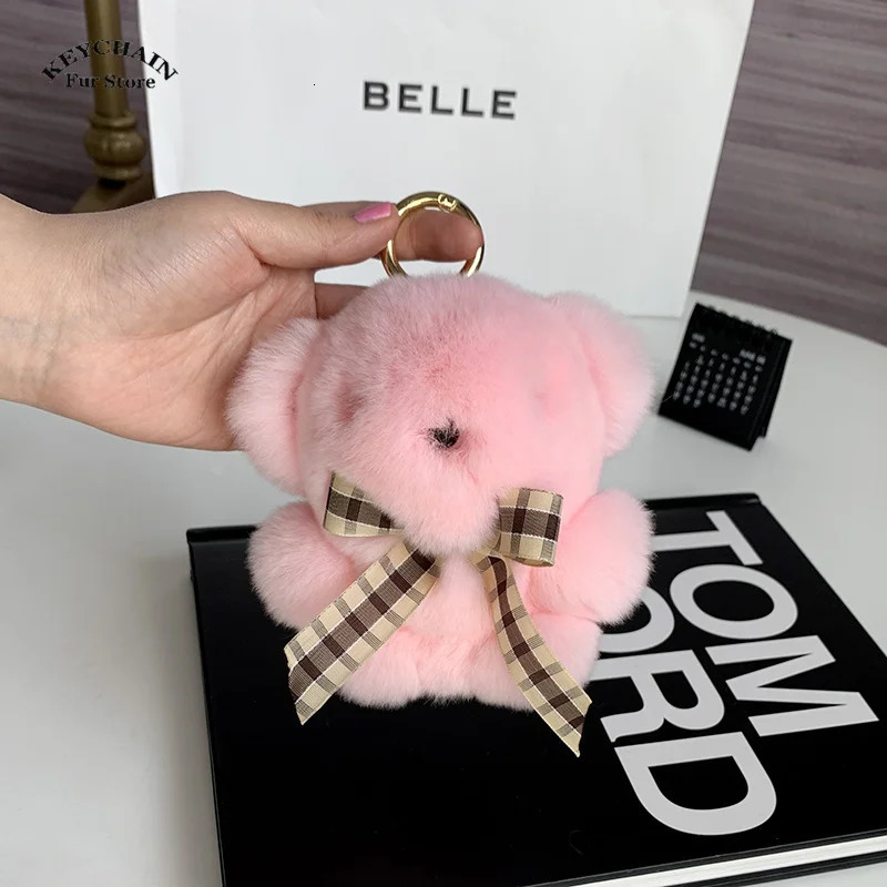 Cute Key Chain Fluffy Plush Little Bear Toy Women Rex Rabbit Fur Keychain Plush Panda Handbag Pendant Car Keyring Girls Gift R250525