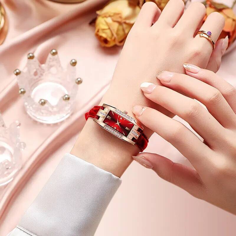 6PCS Set Fashion Women Rectangle Watches Ladies Dress Red Leather Quartz Womens Necklace Earrings Bracelet Wrist Watch