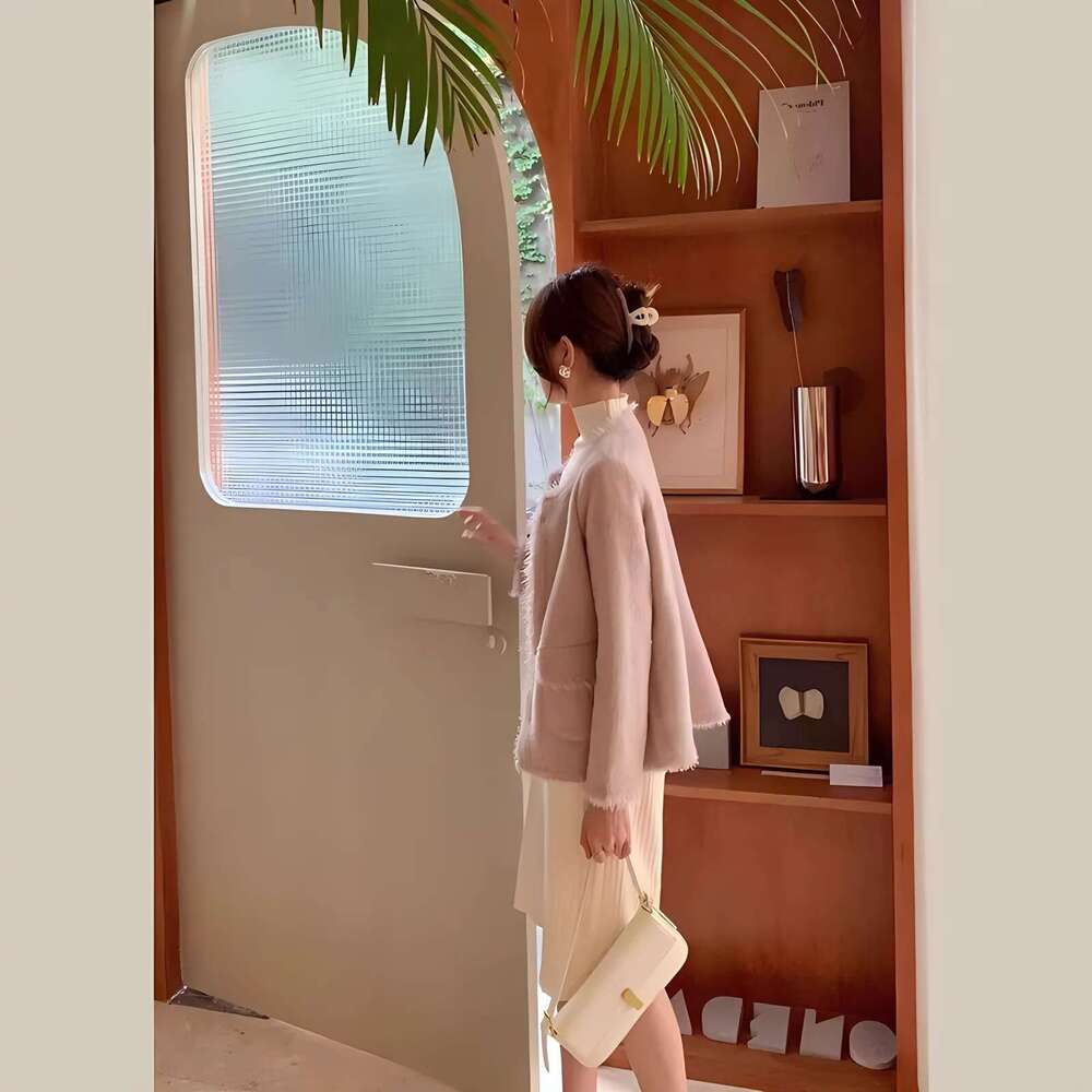 Autumn Fashion Women's Wear, Pink Korean Style Coat, Imitation Mink Cashmere Knit Cardigan Retro Fringe V-Neck