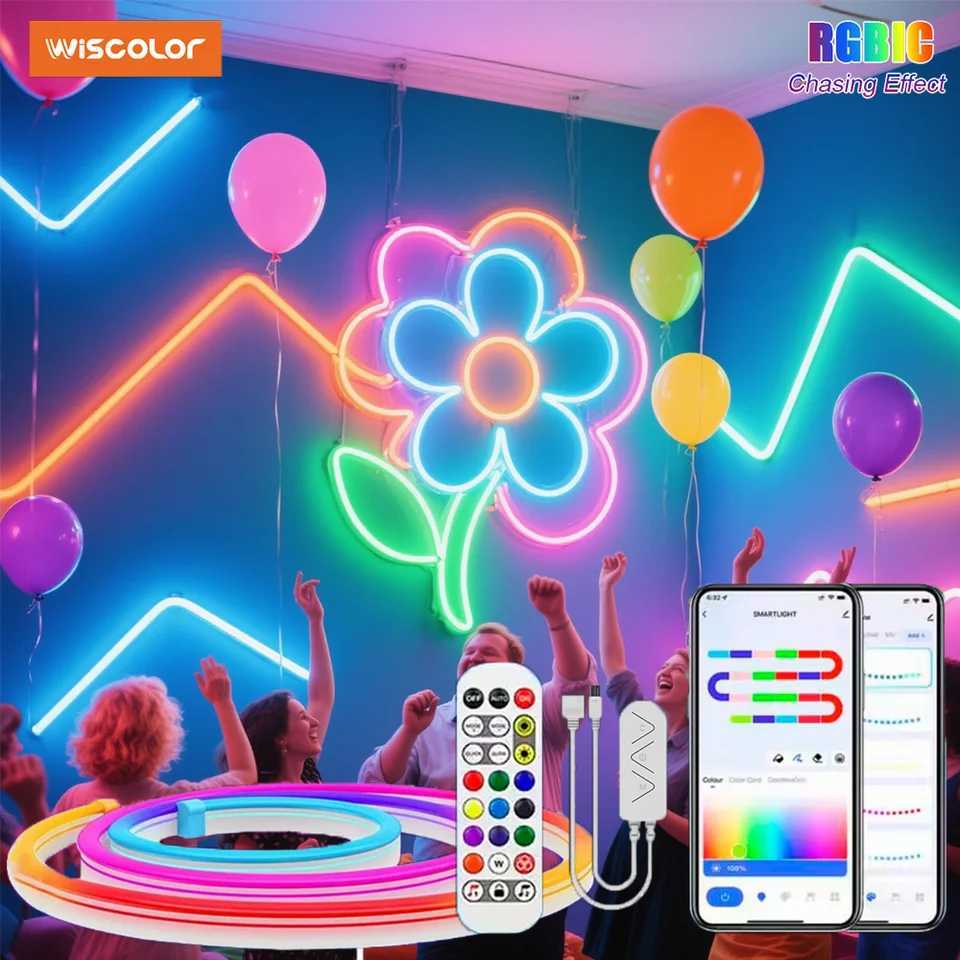 WISCOLOR Tuya Wifi LED Flexible Neon Strip Lights RGBIC Waterproof Music Sync with Voice Control For DIY Home Decor Lighting W250526