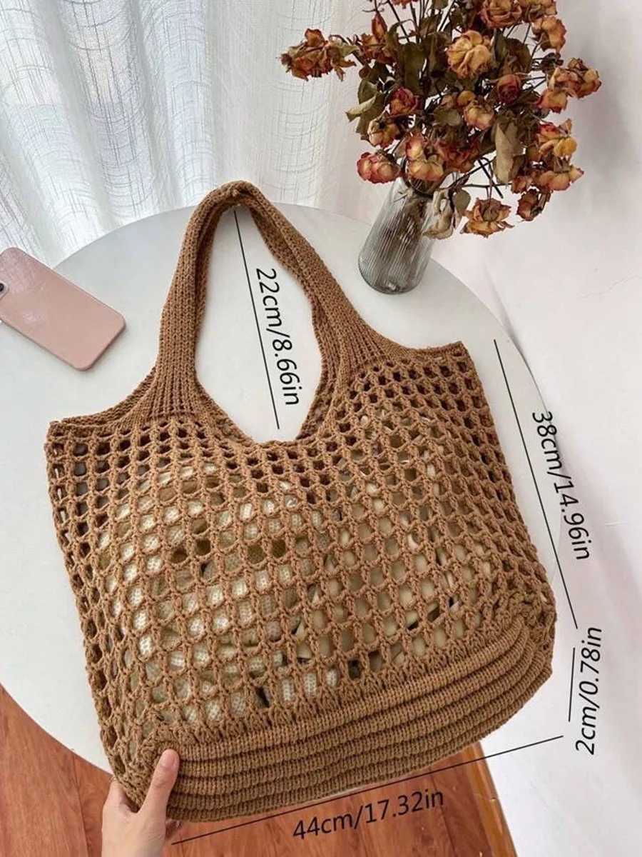 Fashion Vintage Solid Color Knitted Hollow Tote Bag Large Capacity Shopping Shoulder Bag Crochet Handbag for Women W250524