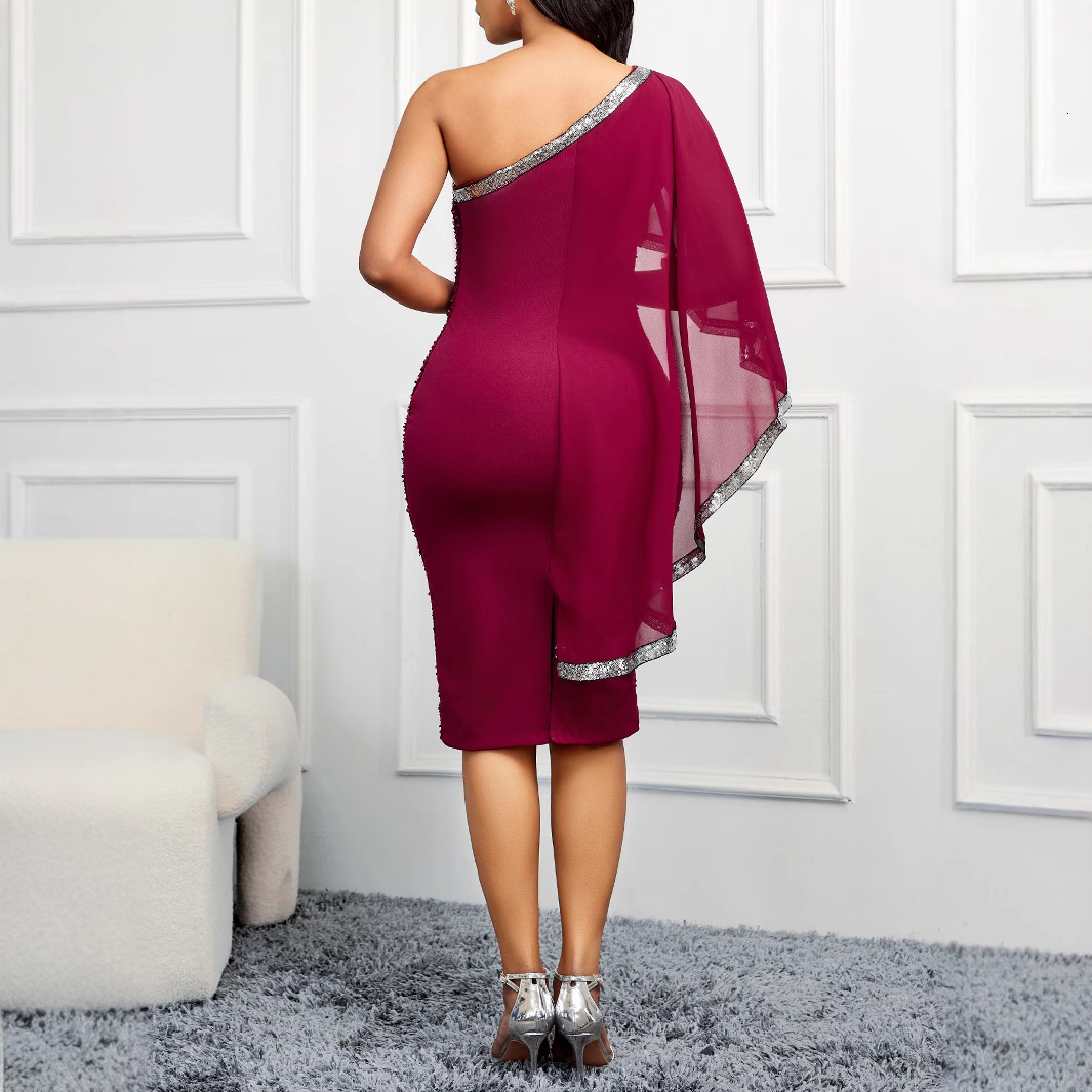 French sexy new design single shoulder long sleeved with diamond embellishments pleated and waist exposed elegant evening dress party