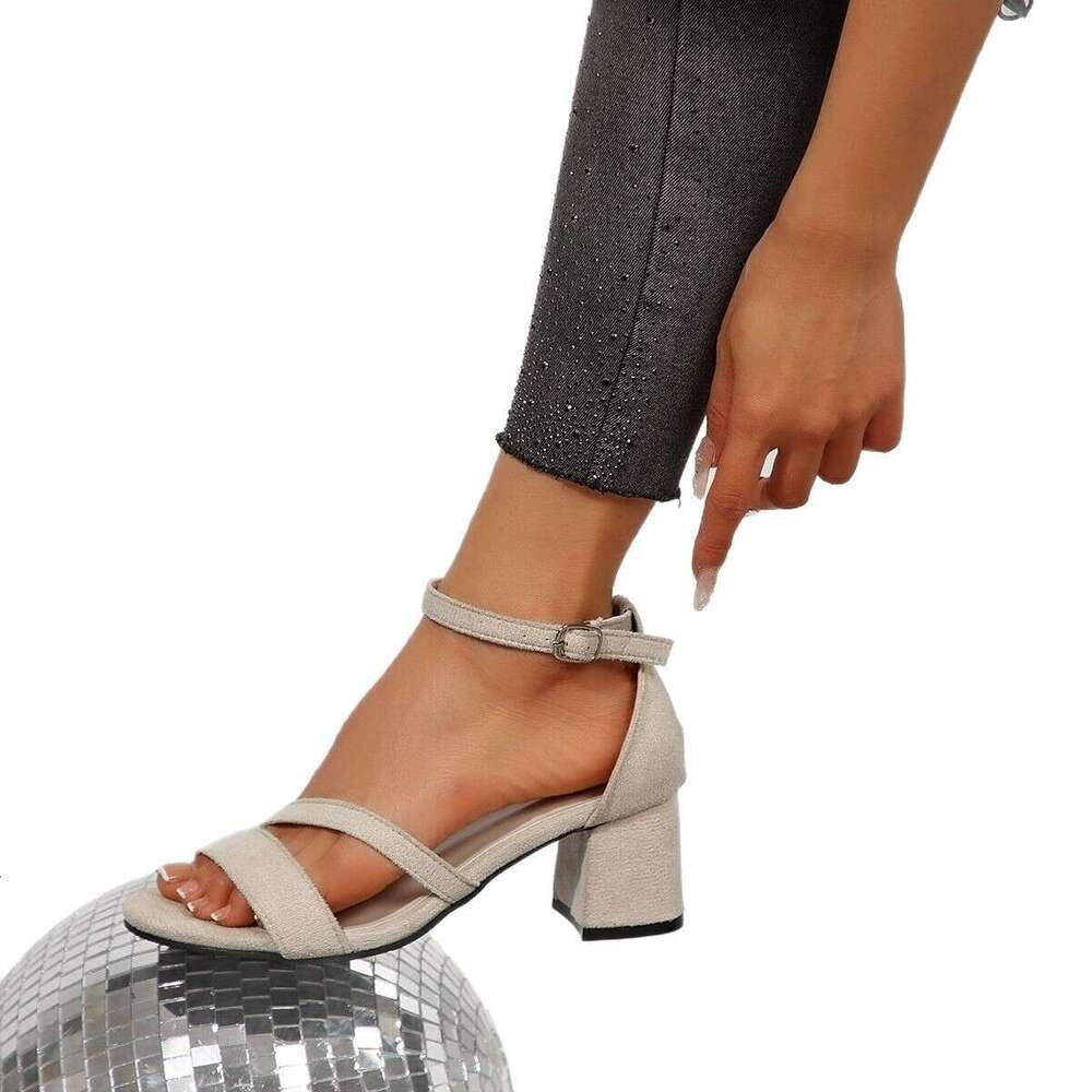 Suede High Heels for Women Summer New One-Strap Hollow Versatile Commuter Nude Color Chunky Heel Open-Toe Sandals