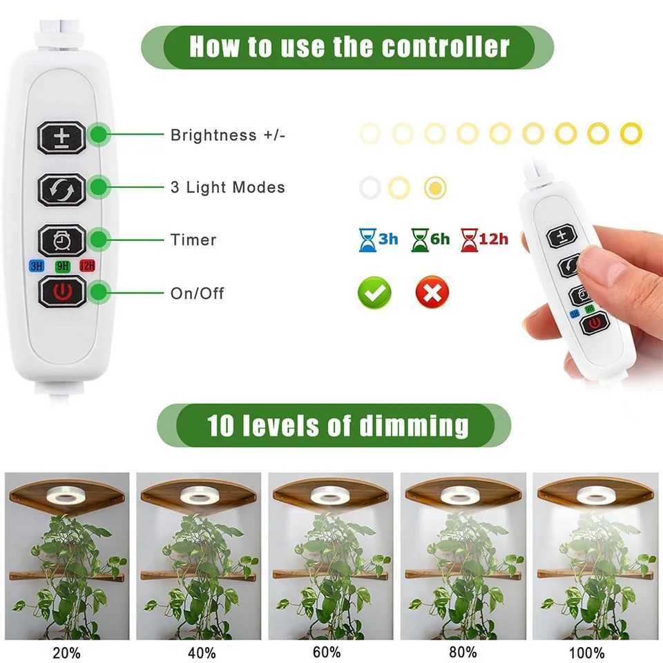 LED Grow Light Full Spectrum 10 Levels Dimmable Auto On/Off Timer Ceiling Under Cabinet Halo Plant Growing Lamp for Indoor PlantsXJ250526