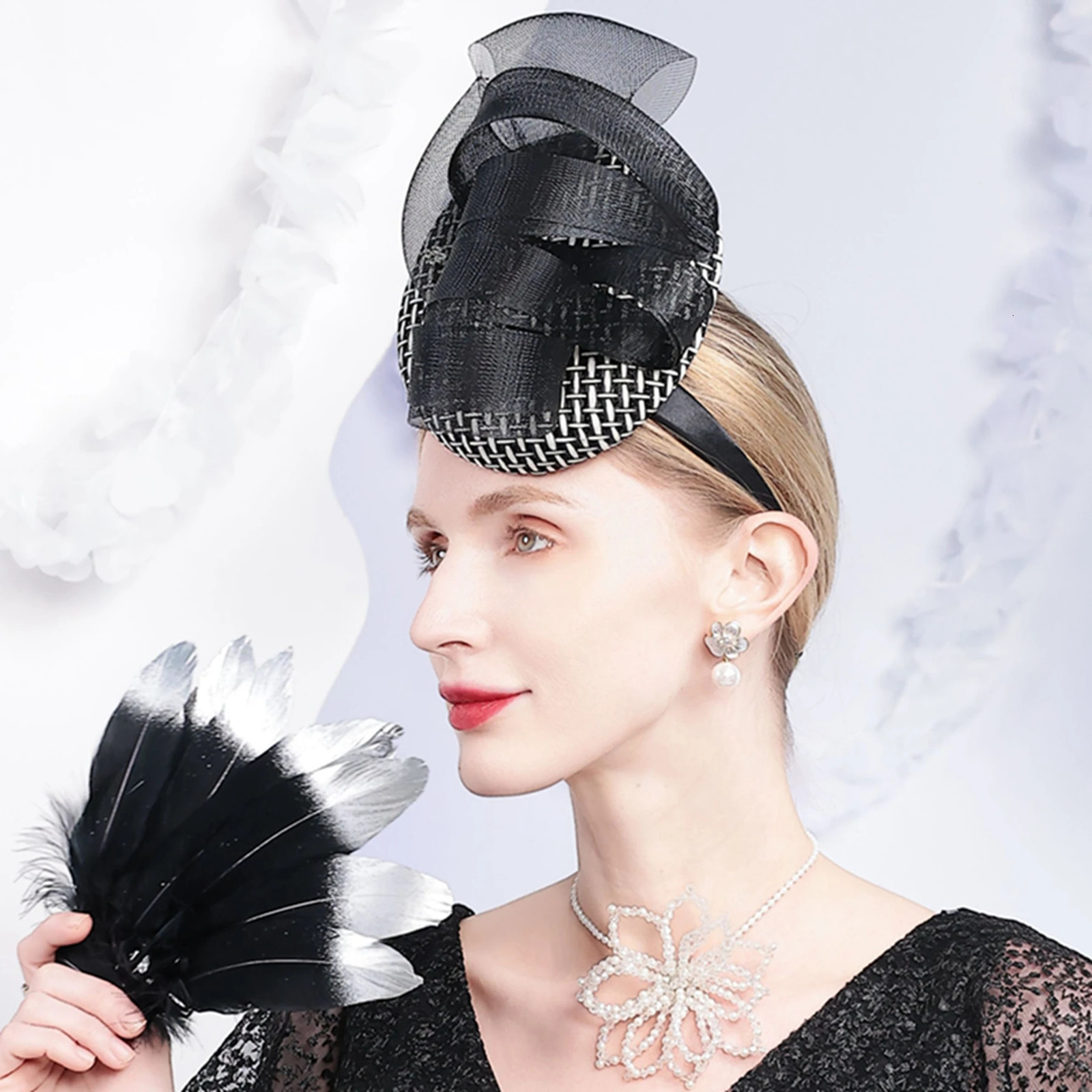 Womens Black White Mesh Fascinator Hat Headband for Church Wedding Tea Party Cocktail Bridal Hair Accessory 250520