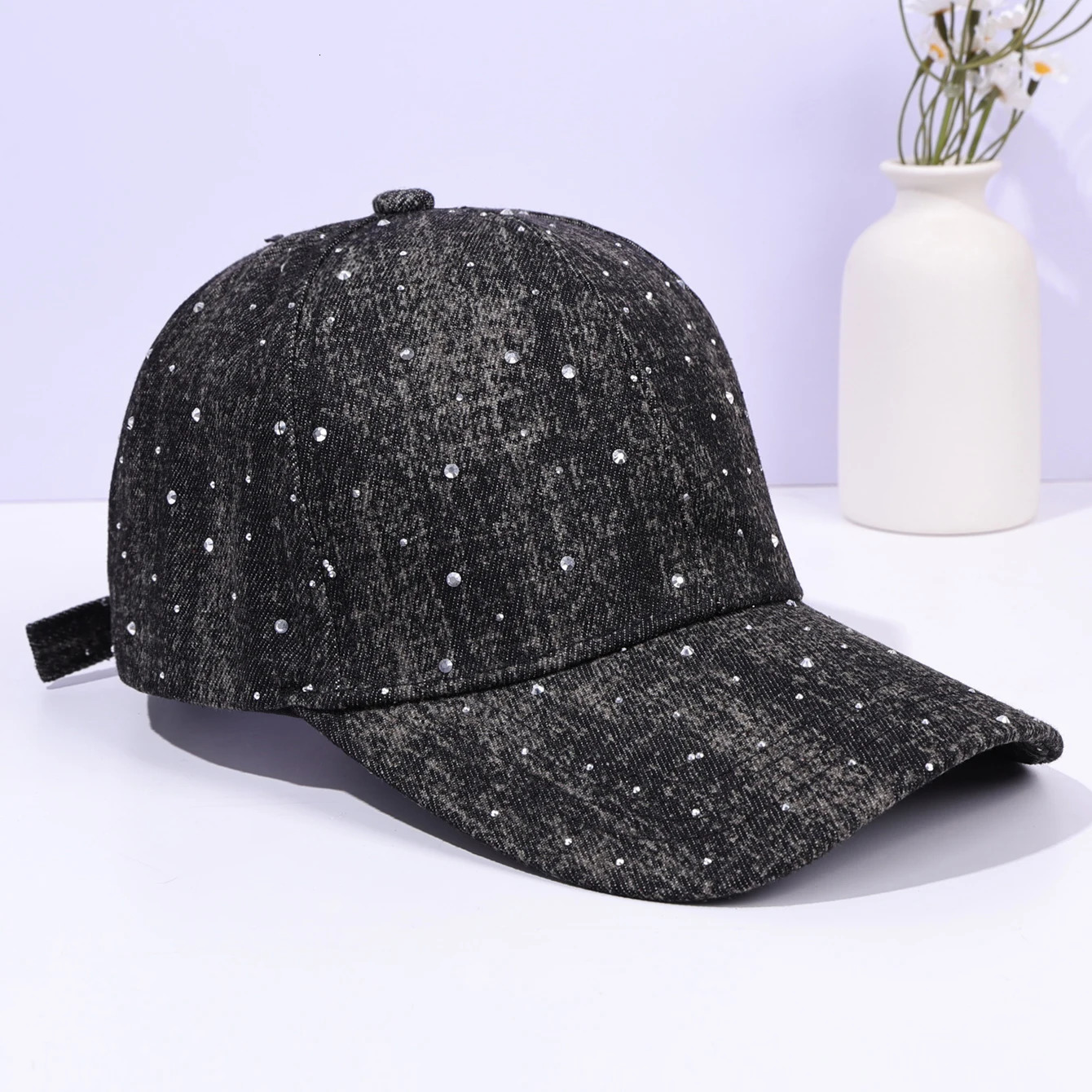 Fashionable rhinestone decorated duckbill cap denim casual sun shading baseball cap 250520