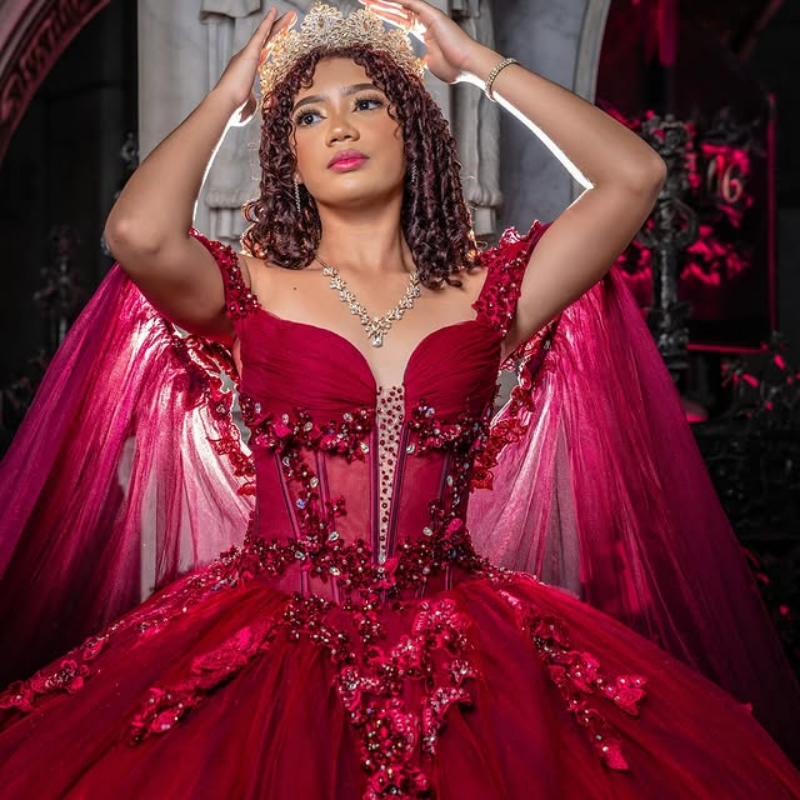 Red Shiny Quinceanera Dresses Ball Gown Off The Shoulder Applique Bow Beading With Cape Tull Party Birthday Sweet 16 Dress Vestidos 15 Anos