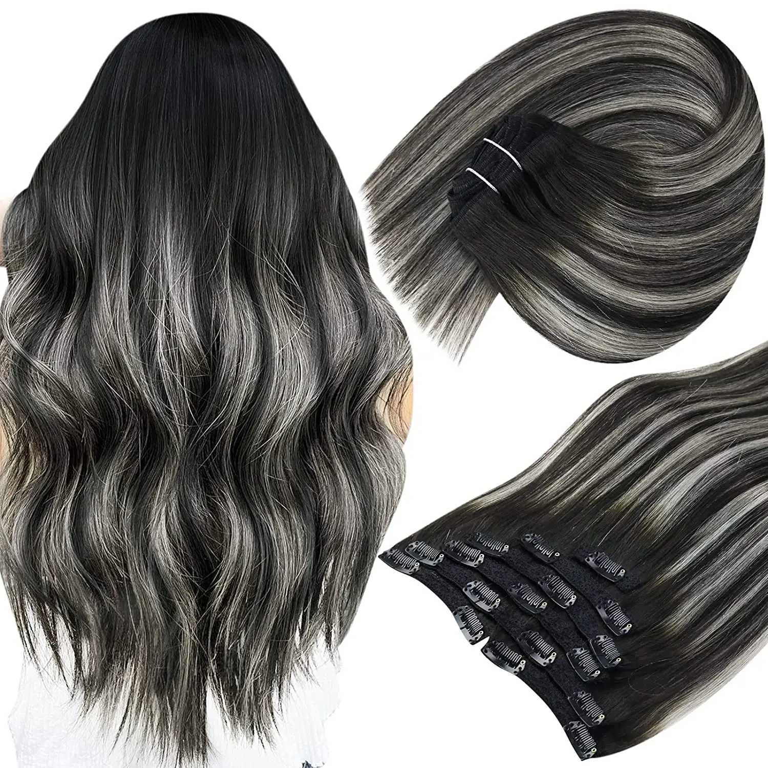 Full Shine Clip In Hair Extensions Black Balayage Silver 18Inch 7Pcs Real Human Hair Natural Hair Double Weft Straight 120G S25526