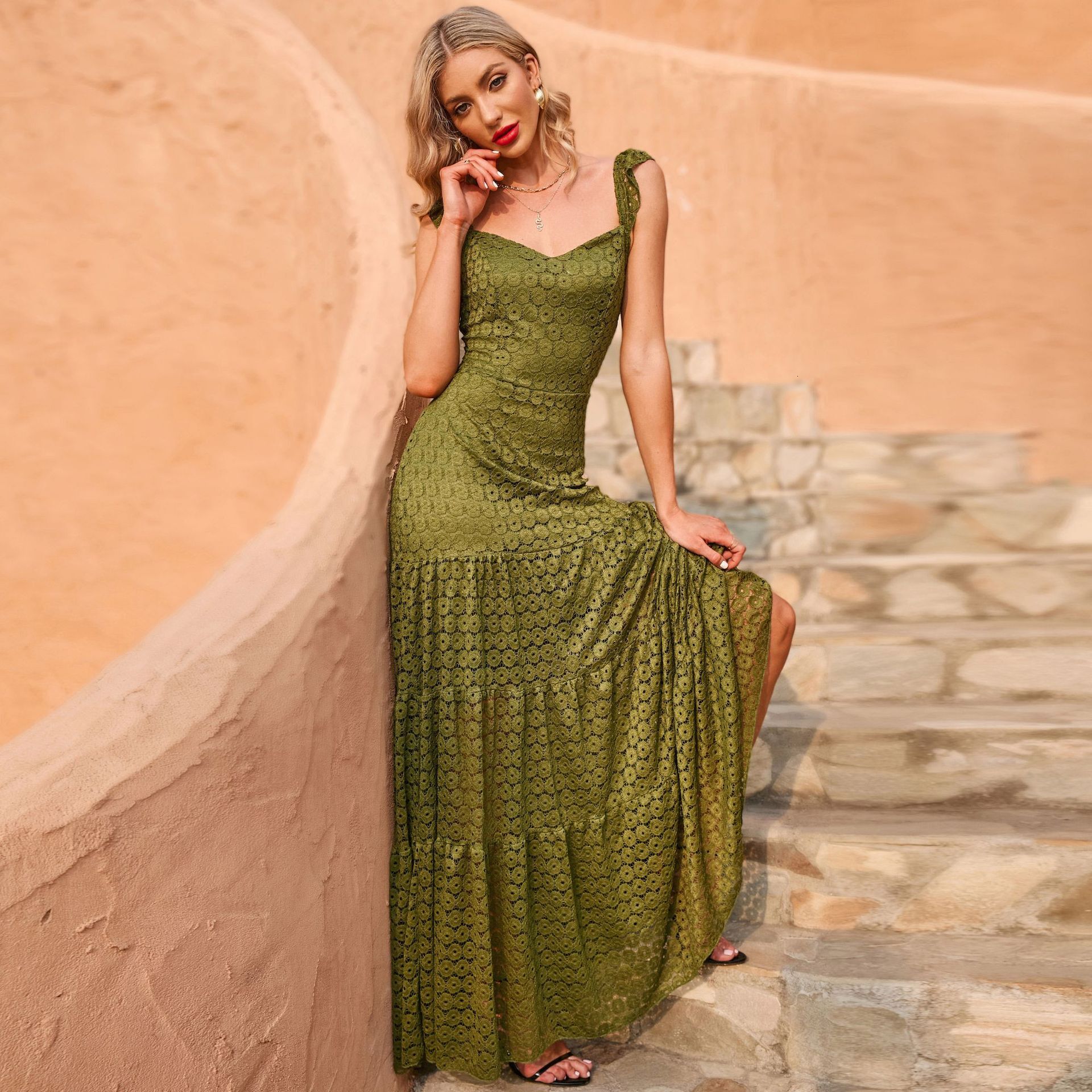 Summer New Strap Sleeveless Slim Fit Green Dress High Waist Long Dress Womens New Style