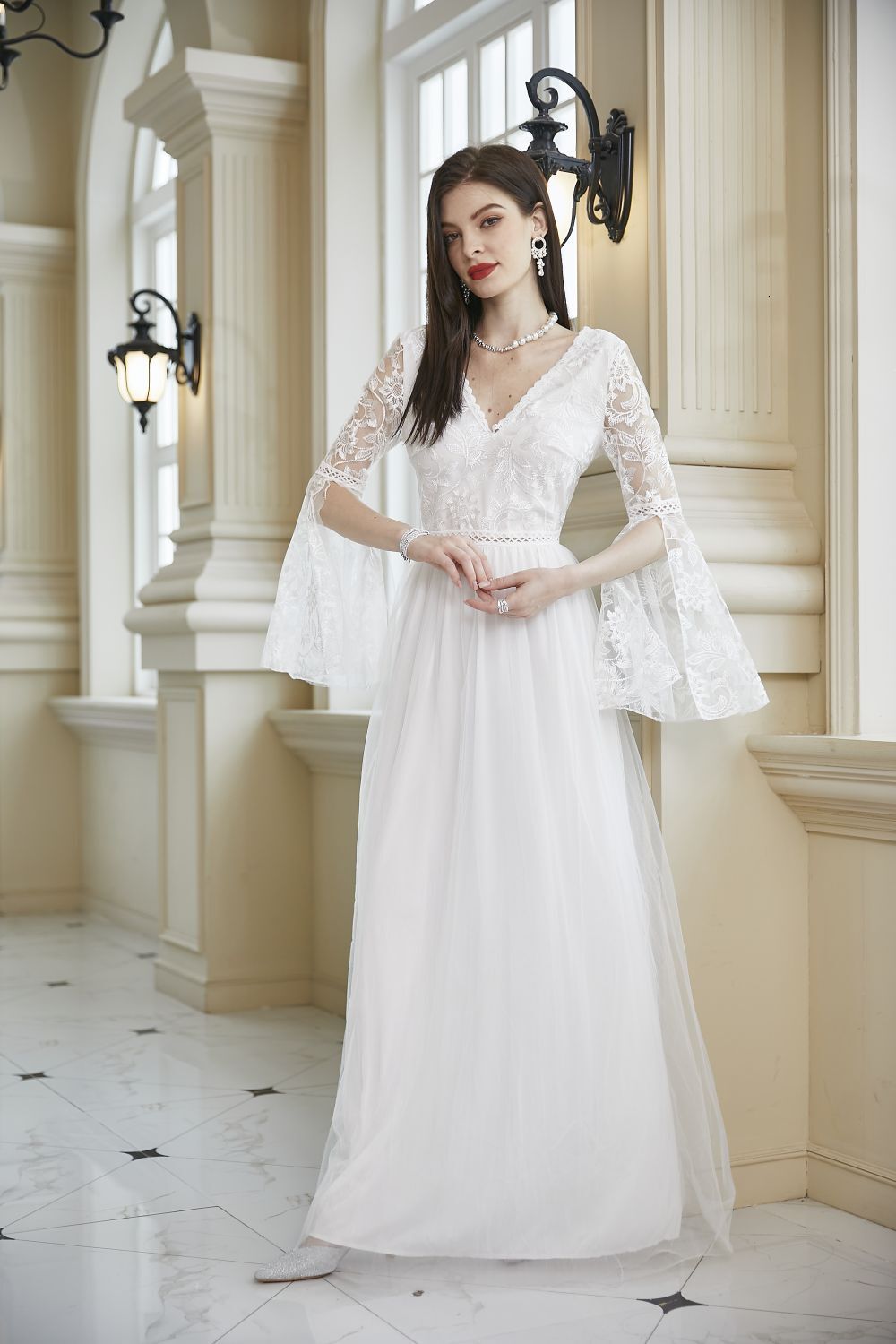 Womens Sexy Long Sleeve White Lace Mesh Thin Bridal Wedding Dress