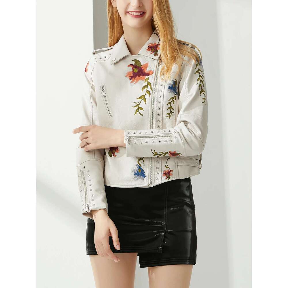 Women Rivet Floral Embroidery Coat Lady Moto Biker Black Punk Jacket Faux PU Leather Outerwear