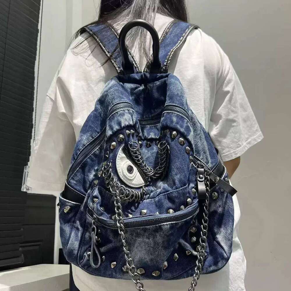 Women's Bags Designer Women's Fashion Steampunk Denim Backpack Large Capacity Rivet Chain Shoulder Handbag