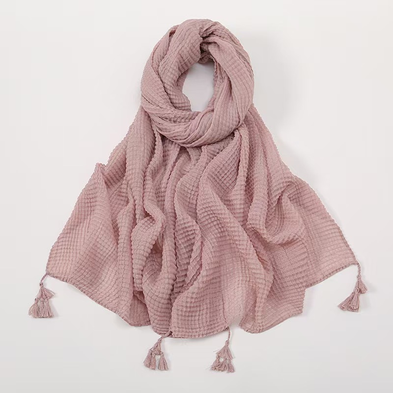 T805 pure summer popular new style solid color ethnic headscarf female classic solid color wrinkled polyester tassel scarf