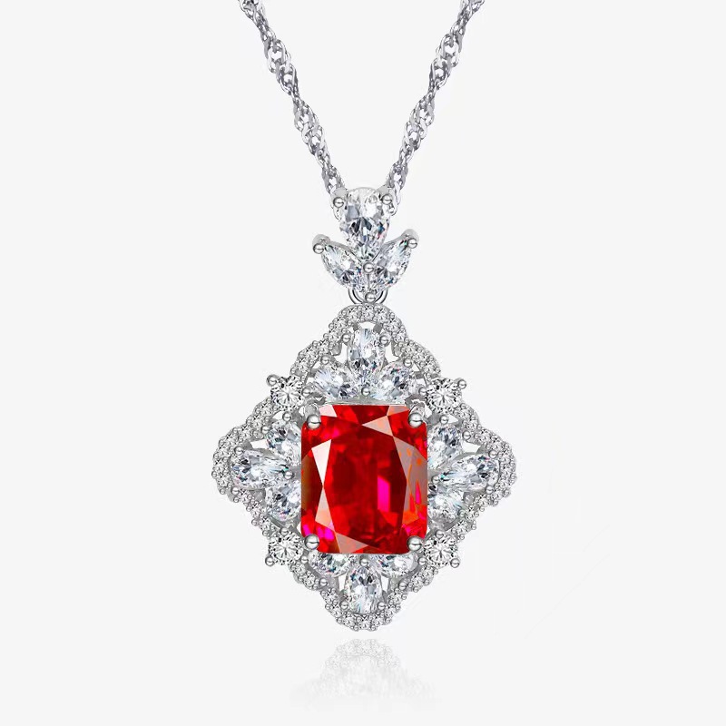 925 Sterling Silver Multi-Color Square Pendant Necklace for Women, Green, Red, Pink, Blue Gemstones, Elegant and Fashionable Jewelry