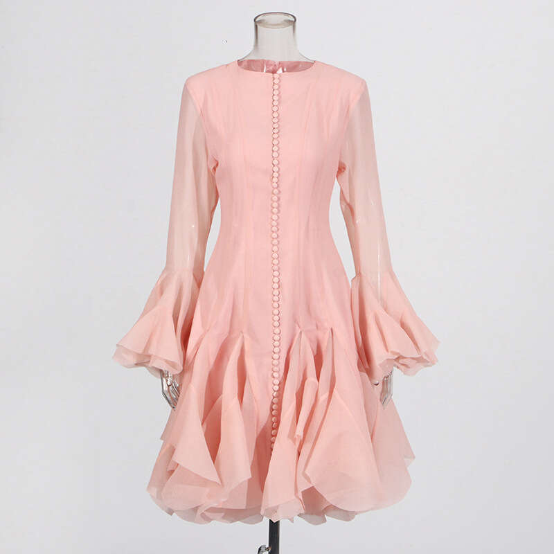Backless Sexy Dress French Elegant Style Round Neck Patchwork Ruffle New Bell Sleeve Mid Length Dress For Women Sexy Flowy Dresses