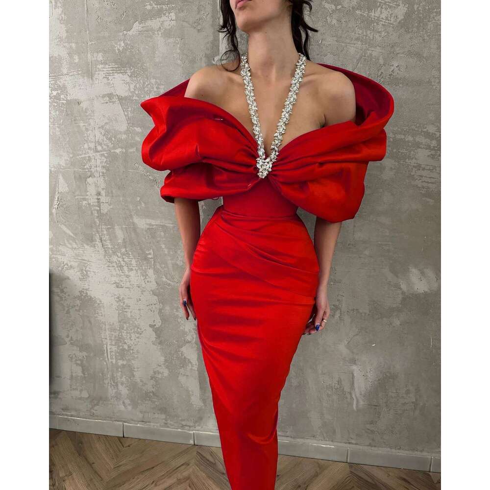 Red Black Women Sexy Halter Off the Shoulder Crystal Ruffles Bodycon Long Bandage Dress Nightclub Party Birthday Celebrate Wear