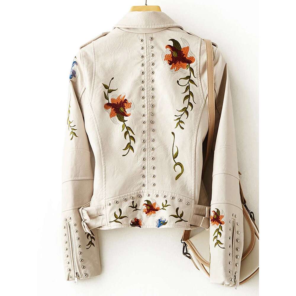Women Rivet Floral Embroidery Coat Lady Moto Biker Black Punk Jacket Faux PU Leather Outerwear