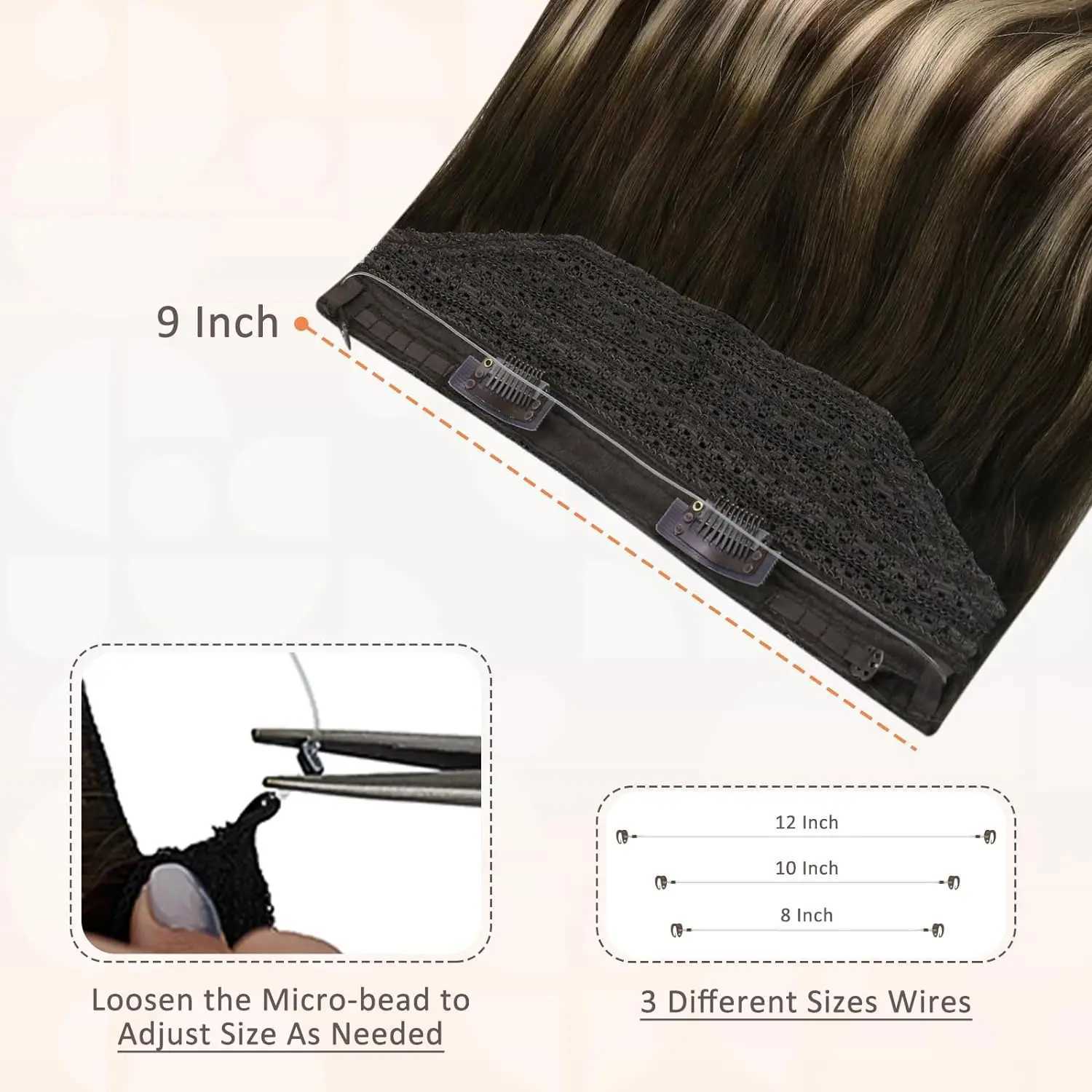 Full Shine Fish Line Human Hair Extension Wire Natural Hair OnePiece Invisible Wire Hair Weft with 2 Clip Machine Made Remy Hair S25526
