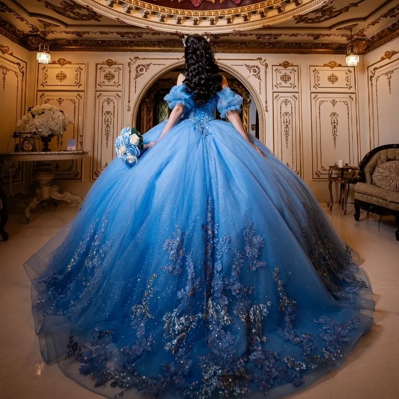 Sky Blue Shiny Ball Gowns Quinceanera Dresses Off The Shoulder Appliques Lace Beading Tull Lace Up Vestido De 15 Anos Sweet 16 Dress