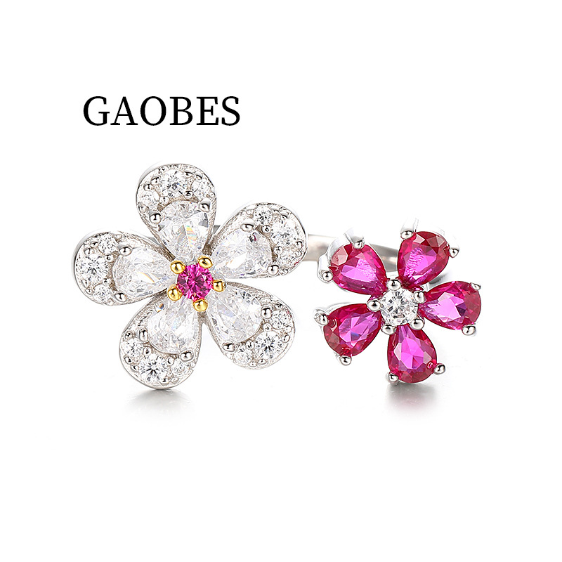 Creative 925 Sterling Silver Open-Ended Flower Ring with Red and White Diamonds, Elegant Floral Design, Perfect Gift for Girlfriend