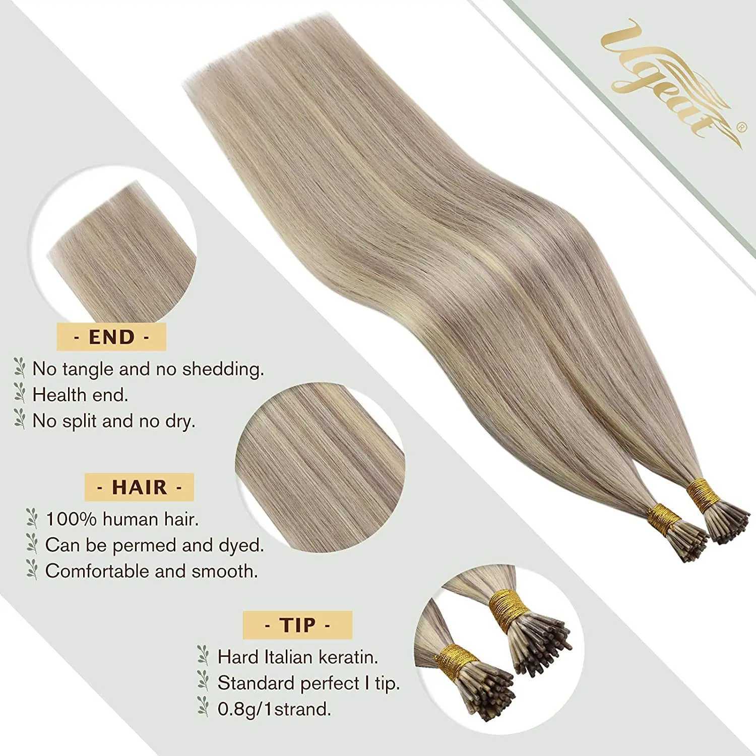 Ugeat I Tip Hair Extensions Human Hair Remy Fusion Hair 14-24 40g/80g Natural Straight Pre Bonded Hair Extensions S25526