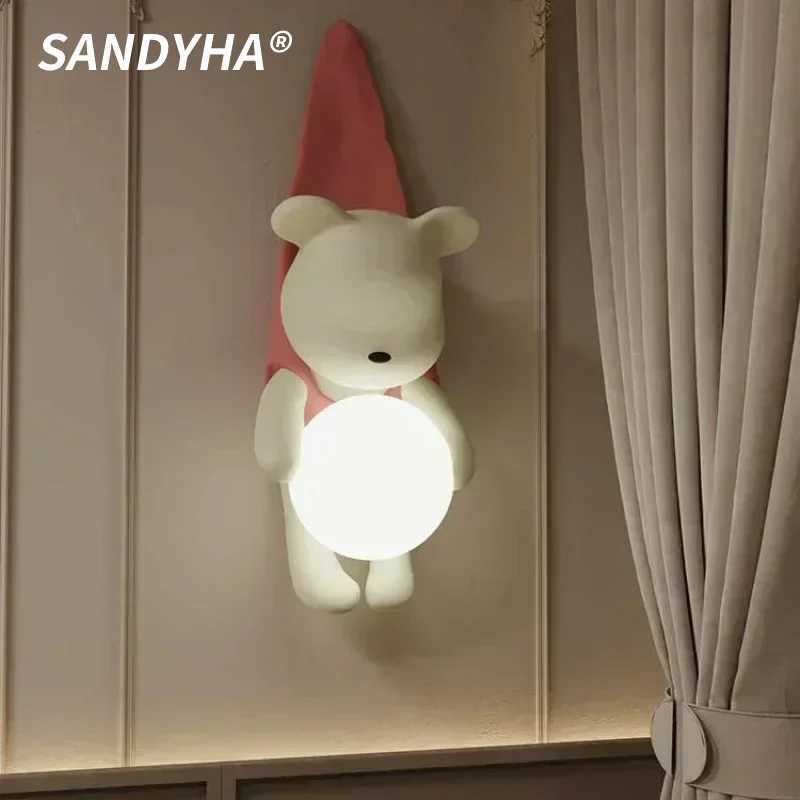 SANDYHA Nordic Resin Wall Lamp for Bedroom Bedside LED Lights Cute Little Bear Design Childrens Room Decor Lighting FixturesXJ250526