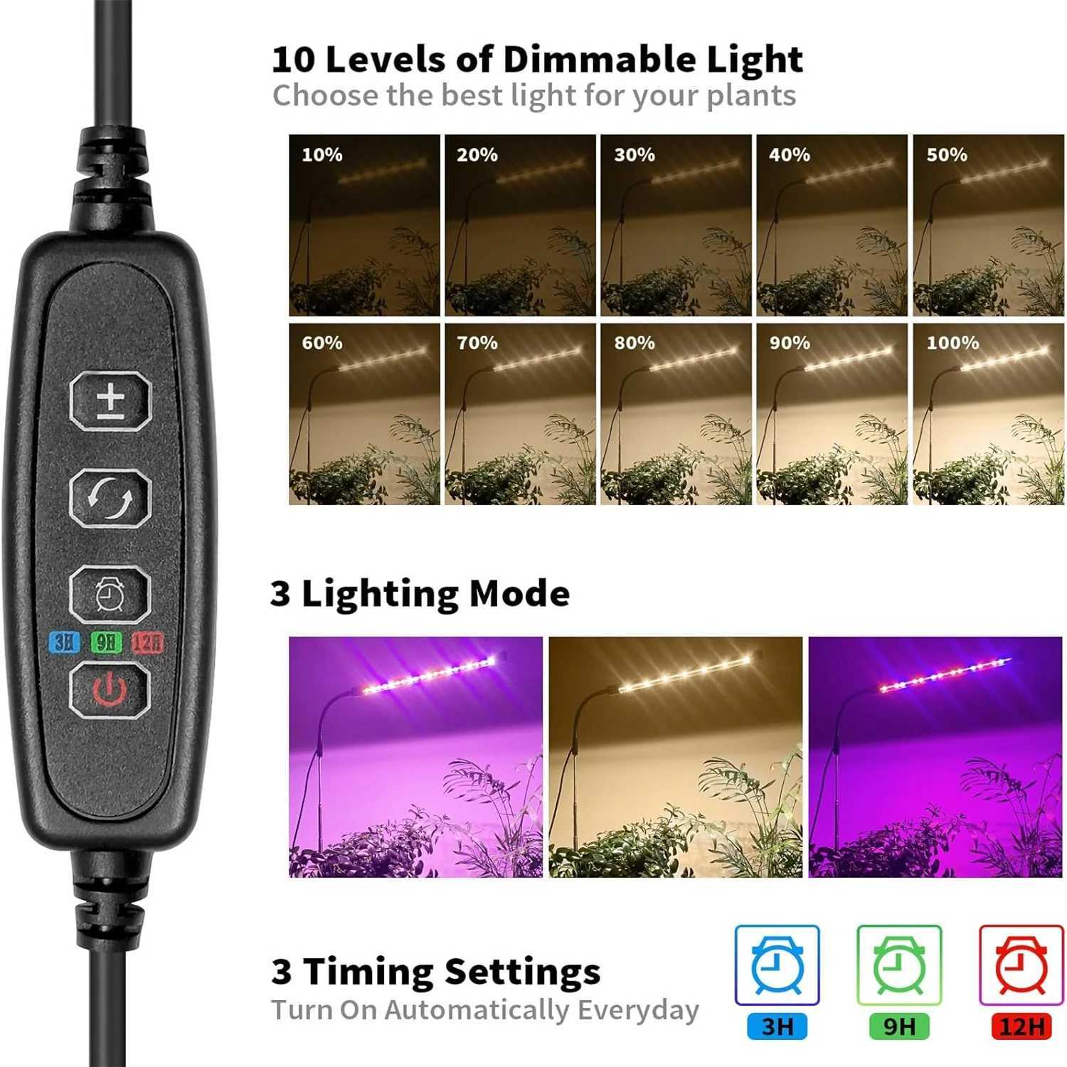 3Colors USB Grow Lamp Plant Full Spectrum Growth Light 5V Timed Dimming Switch Plug-in Telescopic Tube Indoor Plant LightingXJ250526