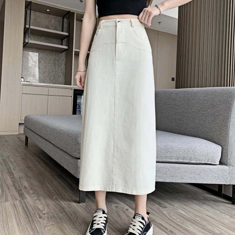 REALEFT Vintage Washed Denim Aline Midi Skirts for Women 2025 Summer Solid Back Split High Waist Wrapped Womens 250516Z