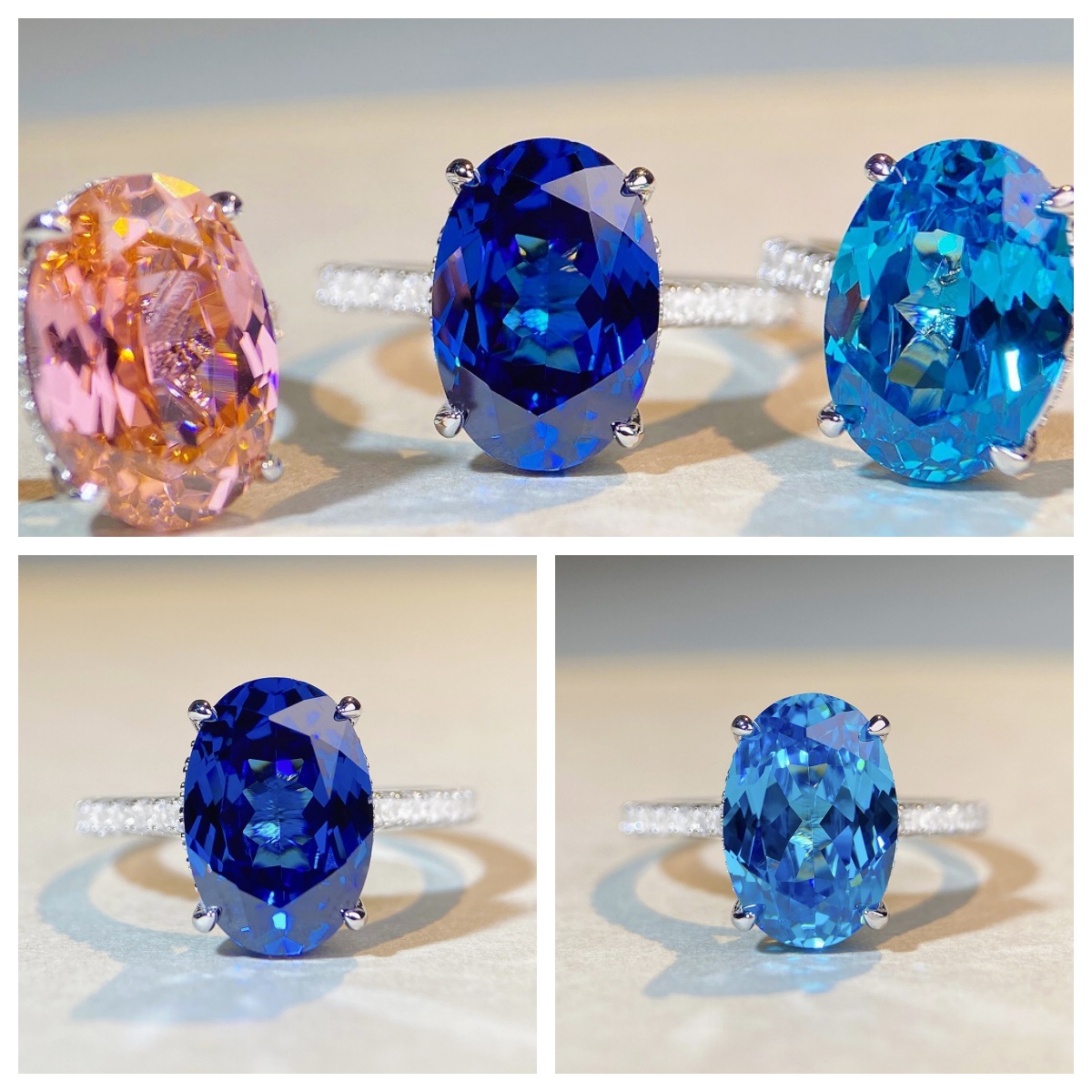 6CT oval S925 sterling silver gemstone blue crystal pink high carbon diamond princess ring personalized fashionable luxurious hand-set pigeon egg-shap