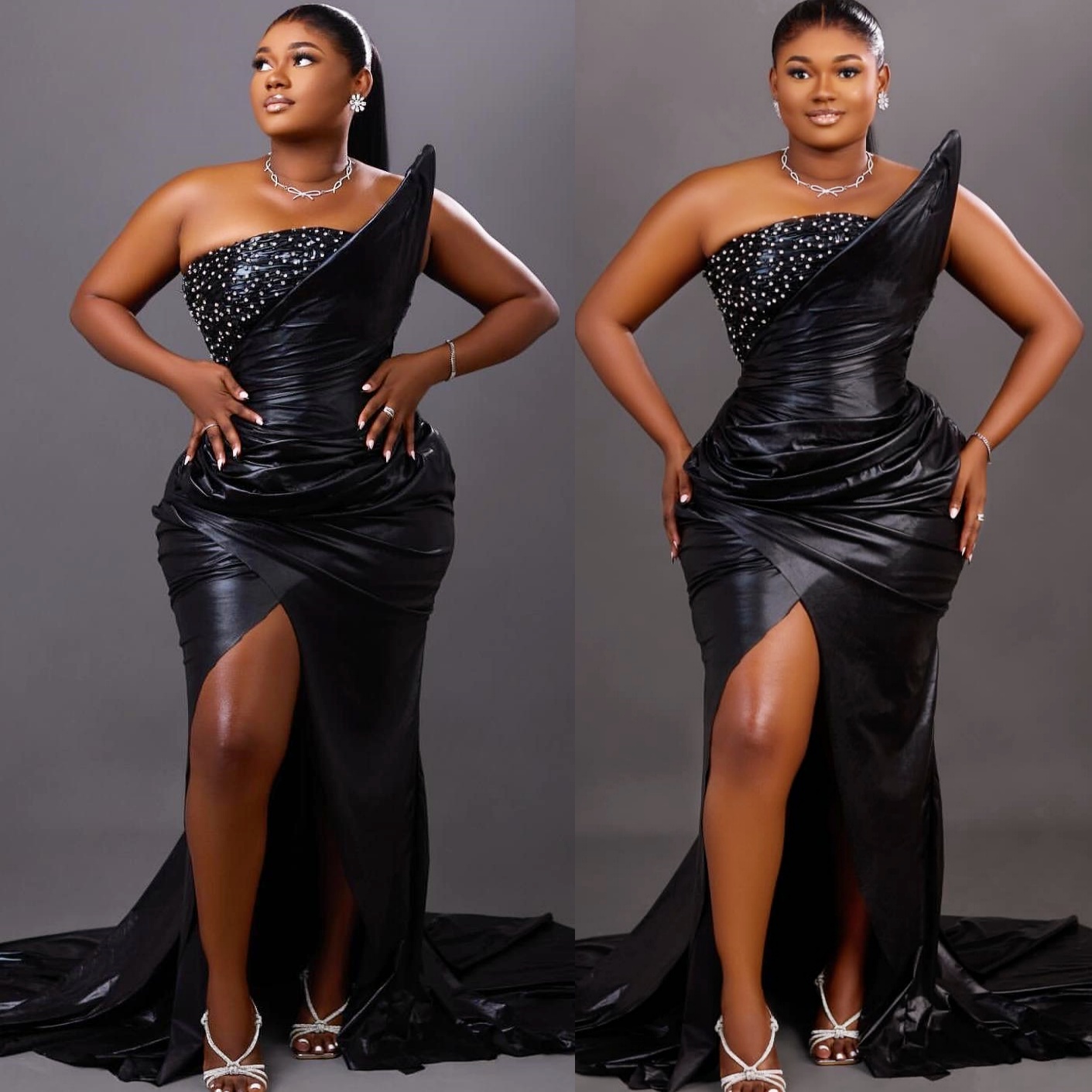 Black Mermaid Prom Dresses 2025 Strapless Crystals High Split Satin Evening Formal Party Second Birthday Engagement Gowns Plus Size Dress For Special 
