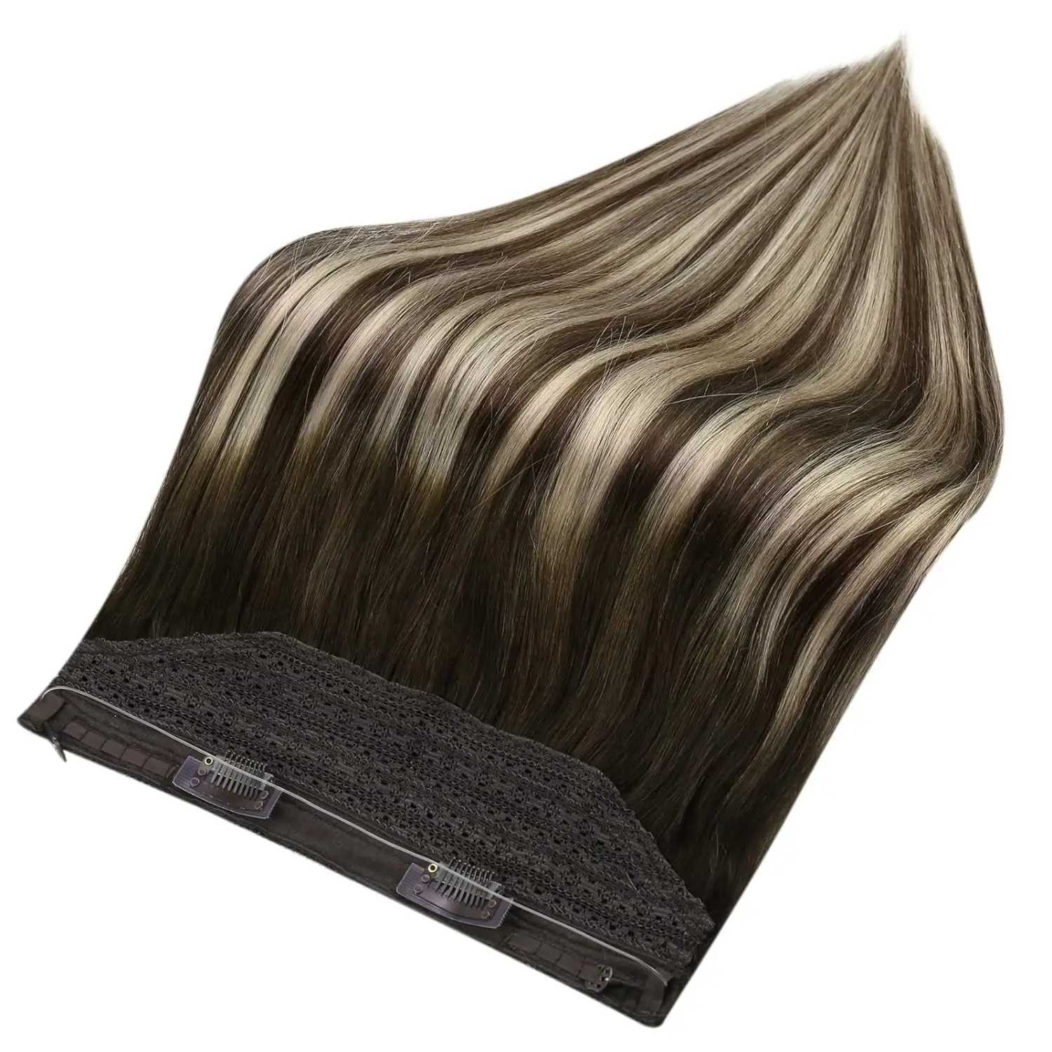 Full Shine Fish Line Human Hair Extension Wire Natural Hair OnePiece Invisible Wire Hair Weft with 2 Clip Machine Made Remy Hair S25526