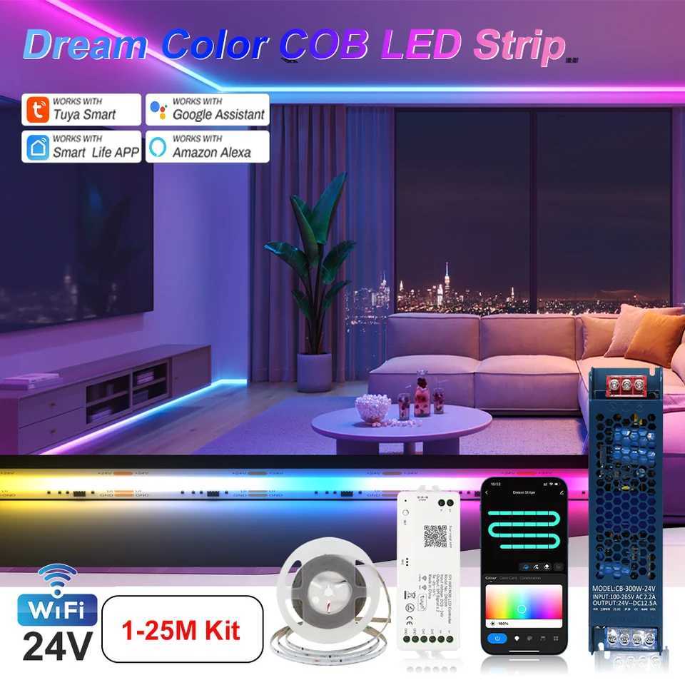 1-25M RGB Addressable COB LED Strip Light 24V WS2811 Pixel LED Strip Tuya WiFi RGBIC LED Ribbon Light Kit For TV Room decoration W250526