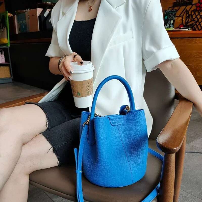 Bucket lady new style basket genuine leather hand held cross body bag two shoudlers