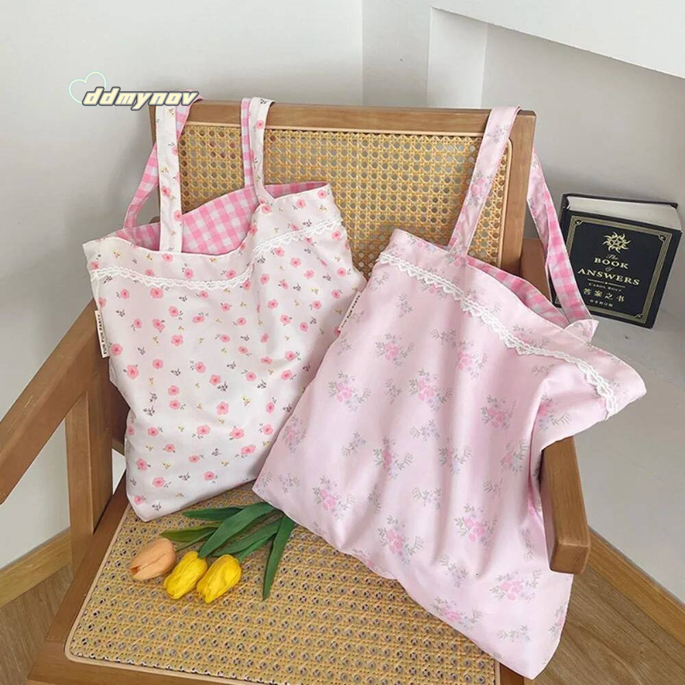 Pink Floral Canvas Shoulder Handbag Korean Travel Beach Double-sided Shopping Totes Girl Lace Underarm Bag ddmynov