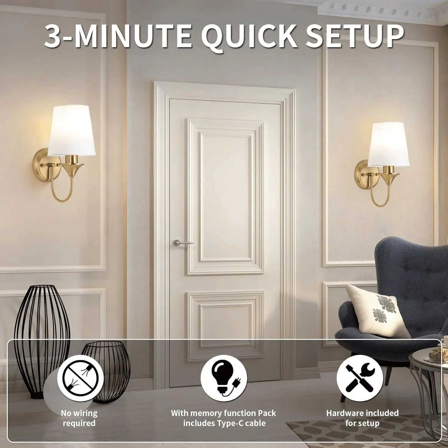 Brass Battery Wall Sconces Battery Operated Wall Lights with Rechargeable Bulbs Wireless Gold Battery Powered Dimming Wall LampXJ250526