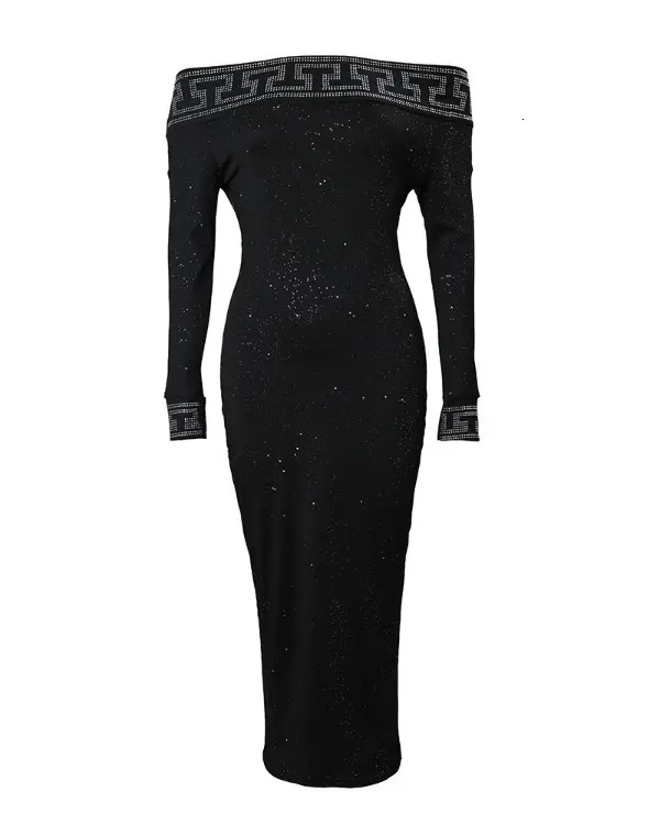 Womens new autumn and winter long sleeved slim fit sequined dress with sexy temperament one shoulder mid skirt