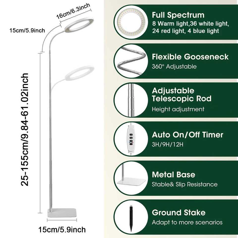 Full Spectrum 72 LEDs Grow Light for Indoor Plants Dimmable 3 Modes Timer Height Adjustable Gooseneck Halo Plant Grow Floor LampXJ250526