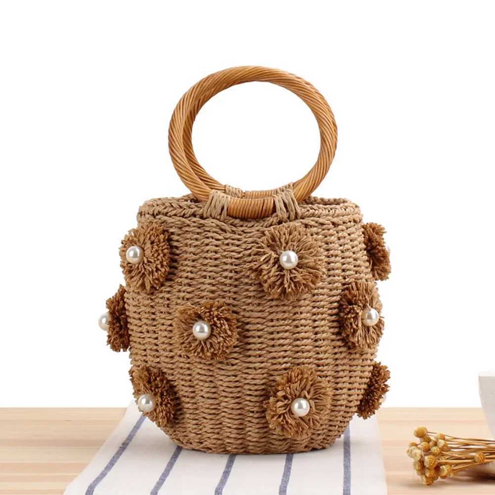 Women Straw Tote Handbag with Pearls Handmade Woven Bag Drawstring Wrist Purse Summer Holiday Beach Bag W250524