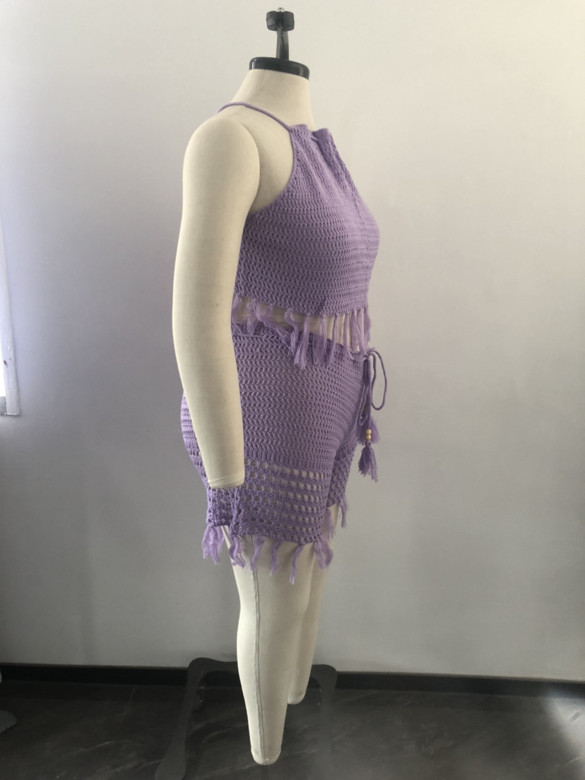 Women's Plus Size XL-XXXXXL size two-piece pants set Sexy stylish backless tie straps Leisure tassel fishnet knitting design Beach sun-protective