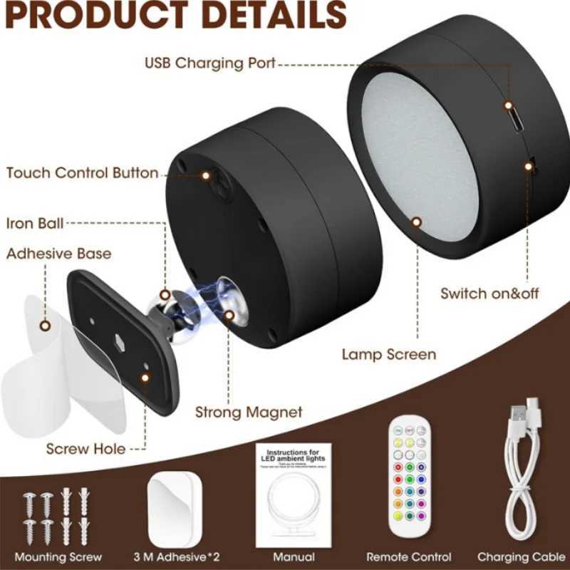 LED Wall Mounted Lights with Remote Wireless Magnetic Wall Sconces RGB Dimmable USB Rechargeable for Bedroom Bedside Night LightXJ250526