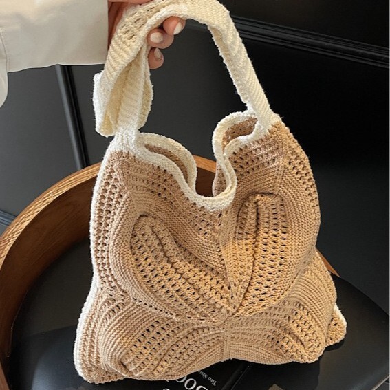 2025 Summer New Large Capacity Single Shoulder Cotton Woven Mesh Tote Beach Vacation Underarm Bag