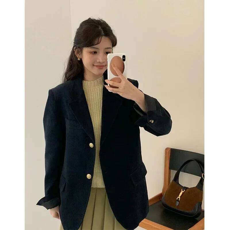 Modern Loose Cotton Corduroy Blazer Jacket With Gold Buckle Casual Style Mini Suit Coat For Women Dongdaemun Korea