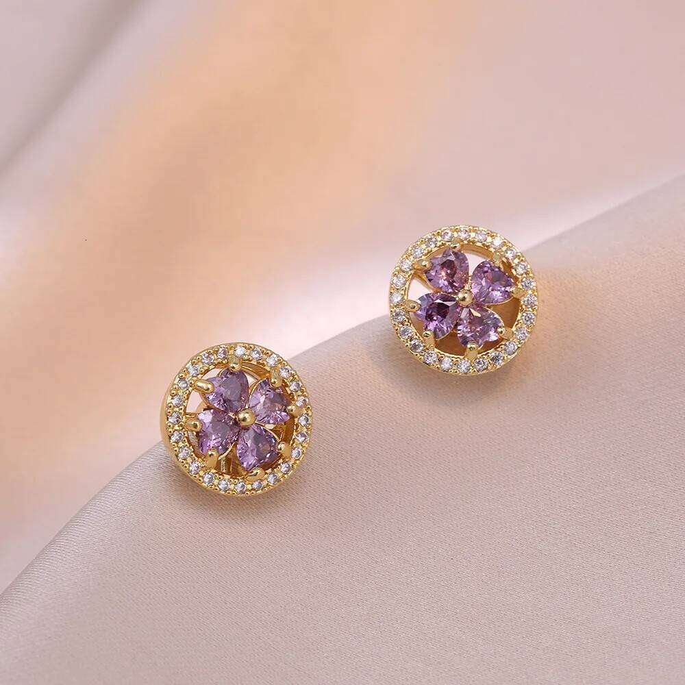 Sweet Flower Purple Zircon Pendant Necklace Earrings Set For Women Girls Stainless Steel Chain Party Accessories Jewelry
