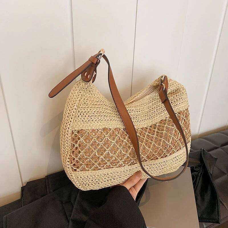 Hot Selling Women Hollow Shoulder Large Capacity Straw Weaving Travel Handbag Adjustable Strap Shopper Tote Bag Designer Bags