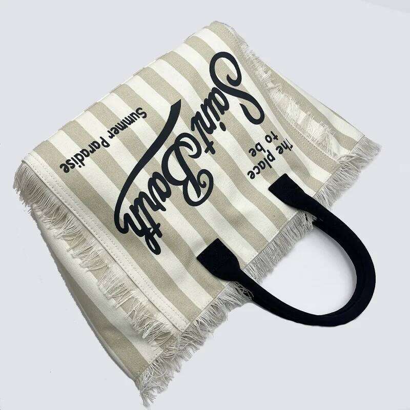Saint Barth European And American New Women's Large Capacity Casual Beach Canvas Striped Tassel Handheld Tote Bag