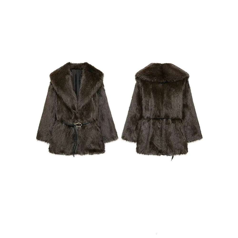 Vintage Fluffy Women's Faux Fur Coats Belt Lapel Full Sleeve Pocket Jacket 2025 Early Spring Warm Thicken Lady Outwear