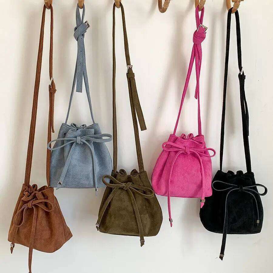 Fashion Faux Suede Bucket High Quality Shoulder Bag Designer Crossbody For Women Pleated Drawstring Bags Handbags Chic